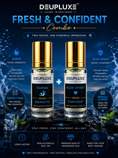 Fresh And Confident Combo Surge + Blue Spirit I Non Alcoholic Roll On Perfume Pack Of 2 (8 ML)