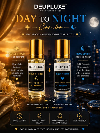 Day To Night Combo- Golden Hour + Blue Spirit I Non Alcoholic Roll-On Perfume Pack Of 2 (8 ML)