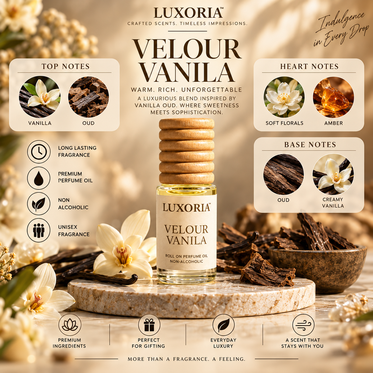 Luxoria Velour Vanila Attar | Long Lasting Premium Non-Alcoholic Roll On Perfume Oil | Vanilla Oud Fragrance | 7 ML