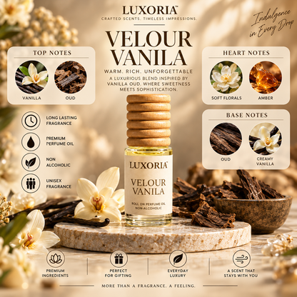 Luxoria Velour Vanila Attar | Long Lasting Premium Non-Alcoholic Roll On Perfume Oil | Vanilla Oud Fragrance | 7 ML