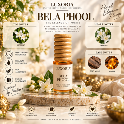 Luxoria Bela Phool (Jasmine) Attar | Premium Non-Alcoholic Roll-On Perfume Oil | Long Lasting Floral Fragrance | 7 ML