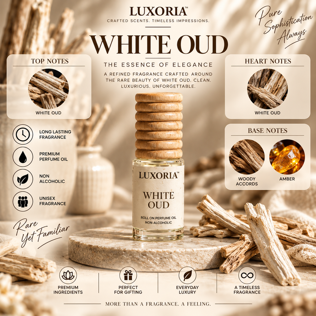 Luxoria White Oud Attar | Premium Non-Alcoholic Roll-On Perfume Oil | Long Lasting Woody Oud Fragrance | 7 ML