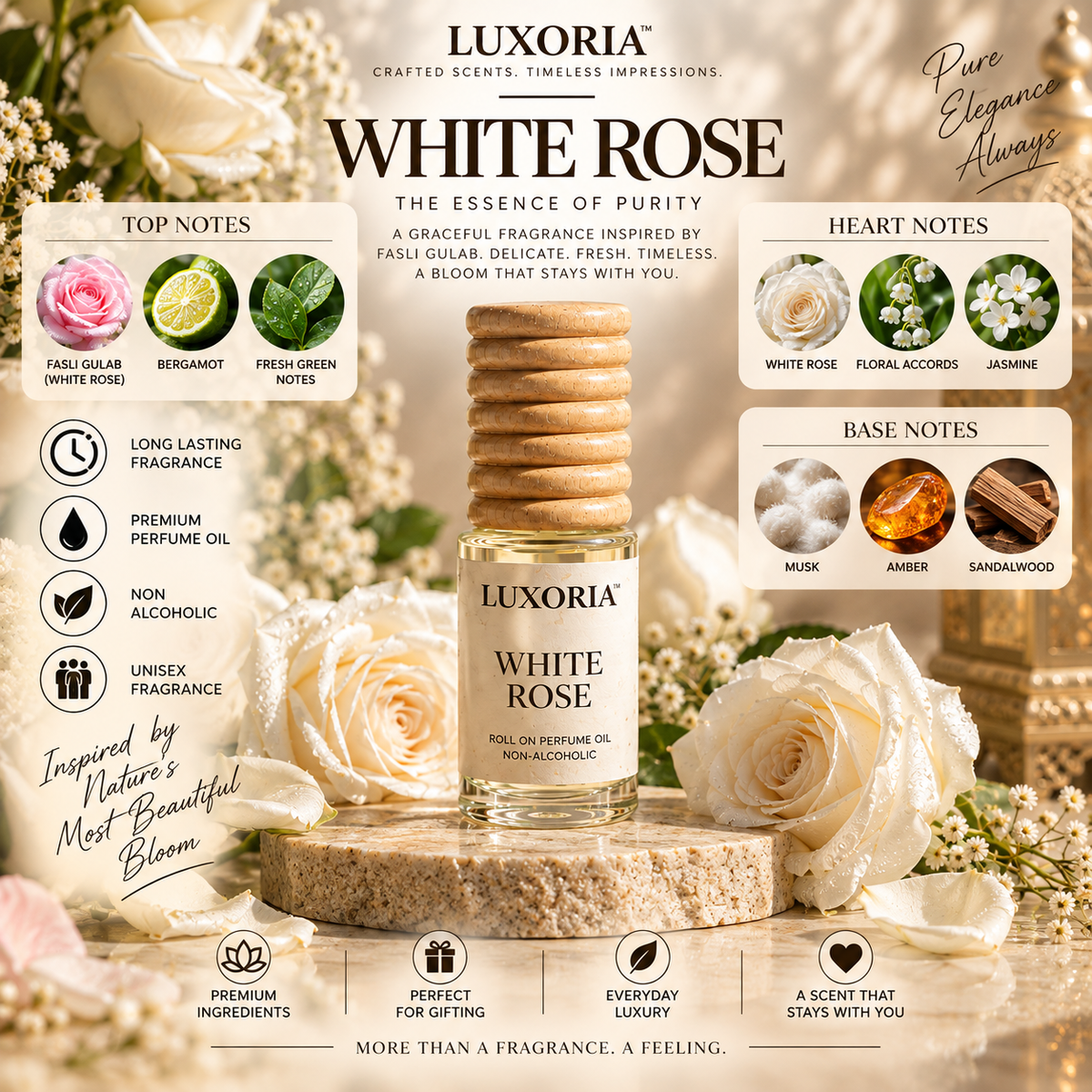Luxoria White Rose Attar | Premium Non-Alcoholic Roll-On Perfume Oil | Long Lasting Floral Fragrance | 7 ML