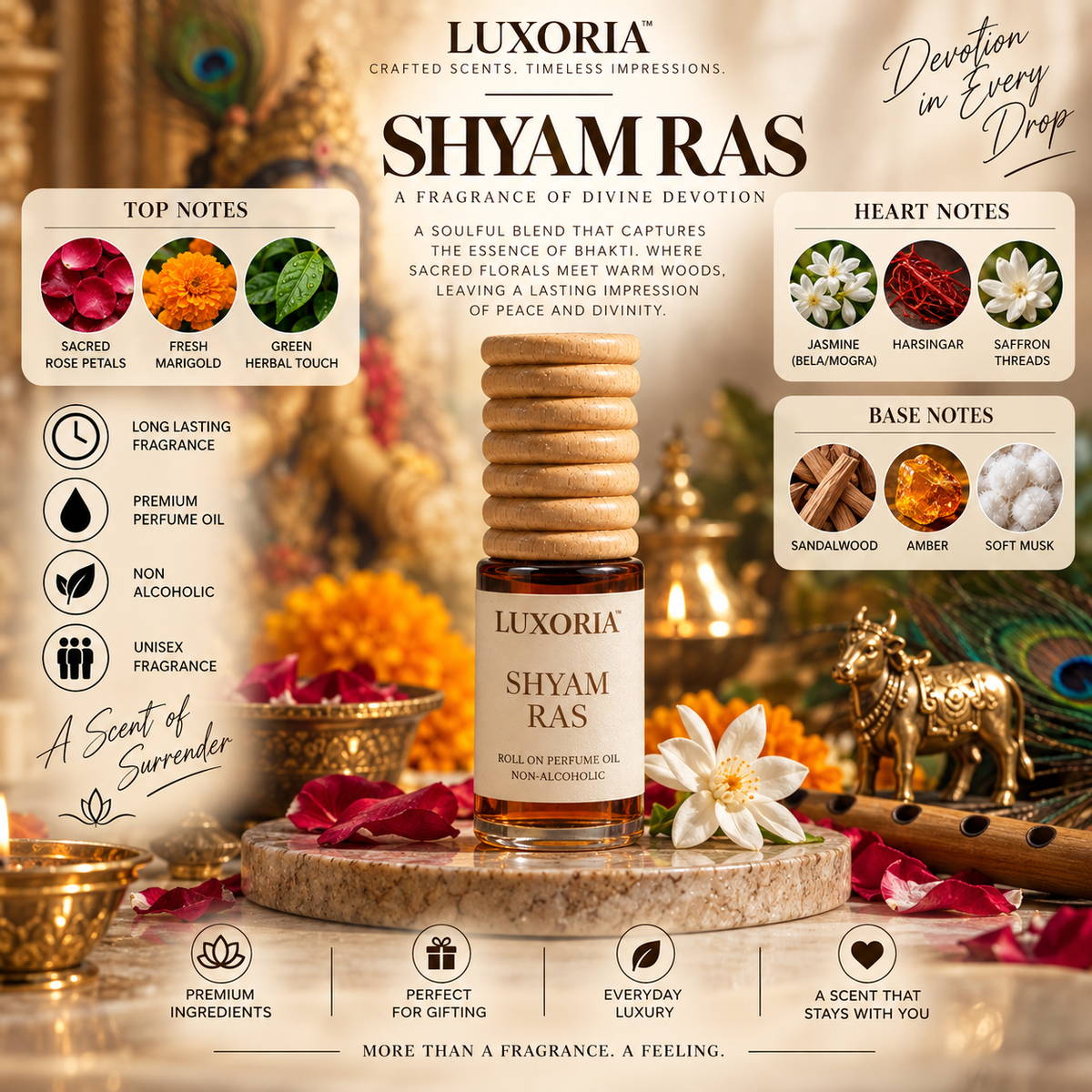Luxoria Shyam Ras Attar | Premium Non Alcoholic Roll On Perfume Oil | Inspired by Khatu Shyam Ji | 7 ML