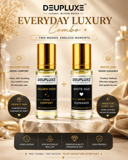 Everyday Luxury Combo Golden Hour + White Oud I Non Alcoholic Roll On Perfume Pack Of 2 (8 ML)