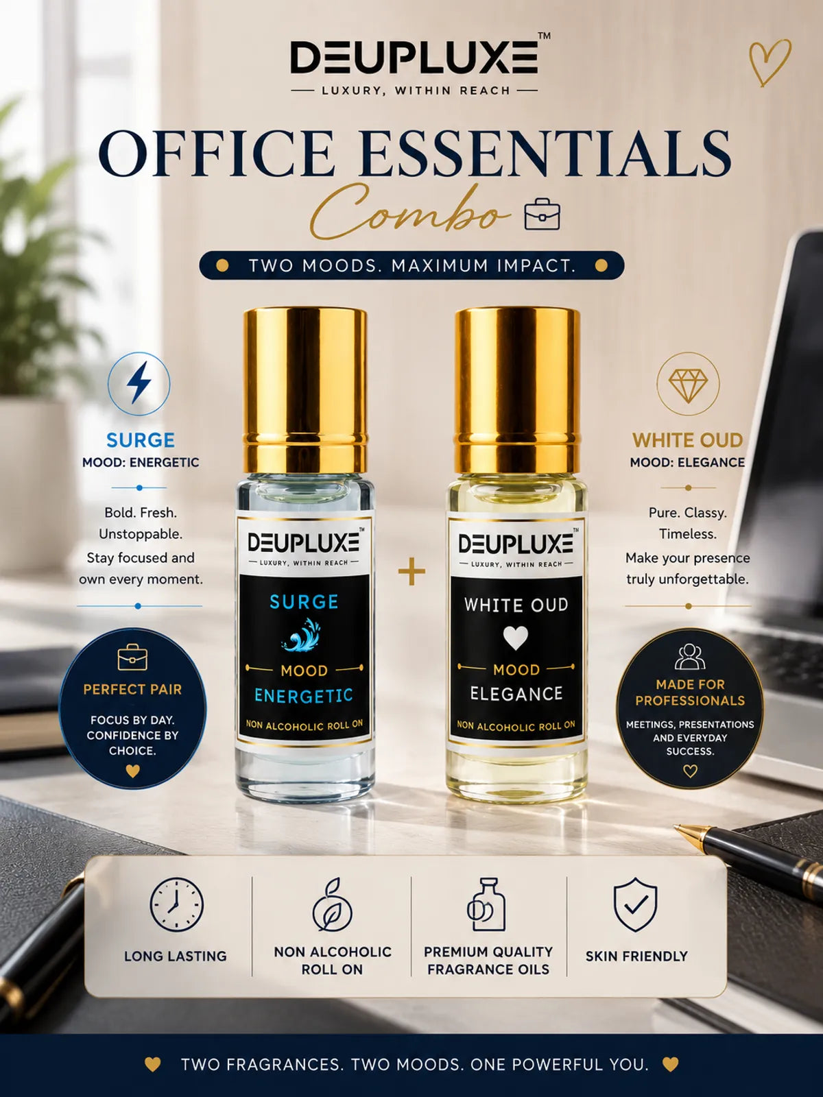 Office Essentials Combo Surge + White Oud I Non Alcoholic Roll-On Perfume Pack Of 2 (8 ML)